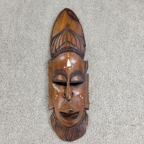 Vintage African Tribal Mask 19" Wood Hand Carved Face Natural Inlaid Art Decor